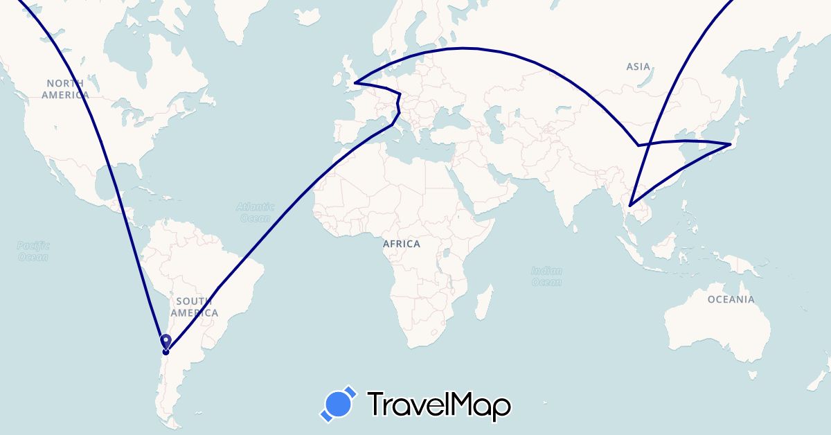 TravelMap itinerary: driving in Austria, Brazil, Chile, China, Czech Republic, Germany, United Kingdom, Croatia, Italy, Japan, Thailand, United States (Asia, Europe, North America, South America)